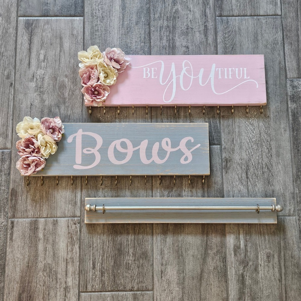 Handmade Wooden Hair Bow Holder Set 3 Pink Gray Floral Nursery Headband Hanging